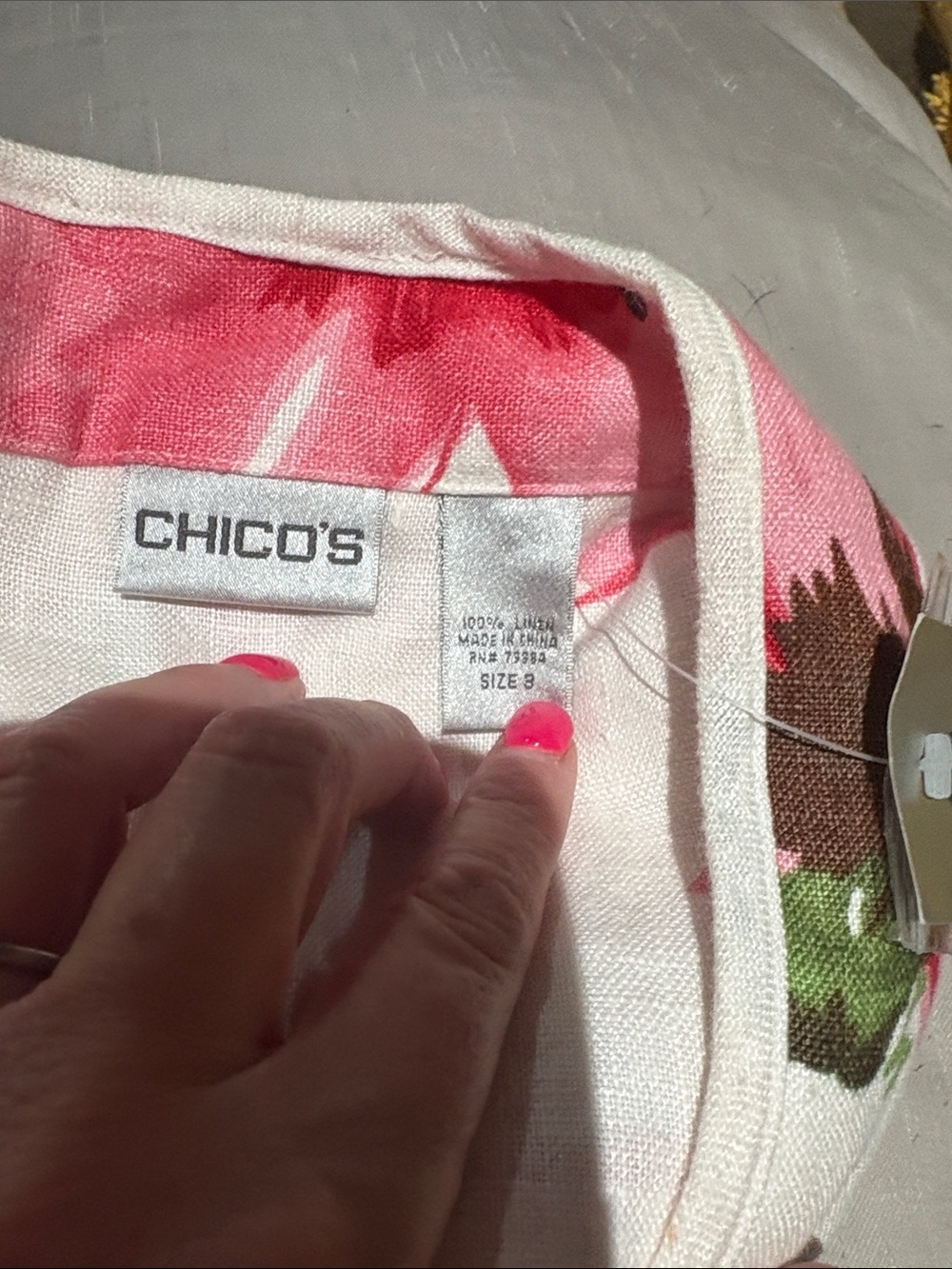 White Linen Floral Button Jacket with Pink Red Blooms - Picture 5 of 6